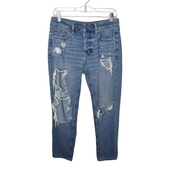 Denim - American Eagle Womens Light Wash Distressed Blow Out Knee Tomgirl Jeans‎ Size 4